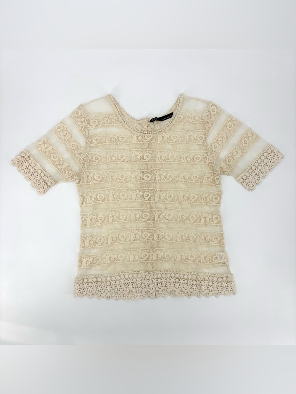 Vintage Cream Lace Sheer Button Front Short Sleeve Top Cottagecore Fairy Boho